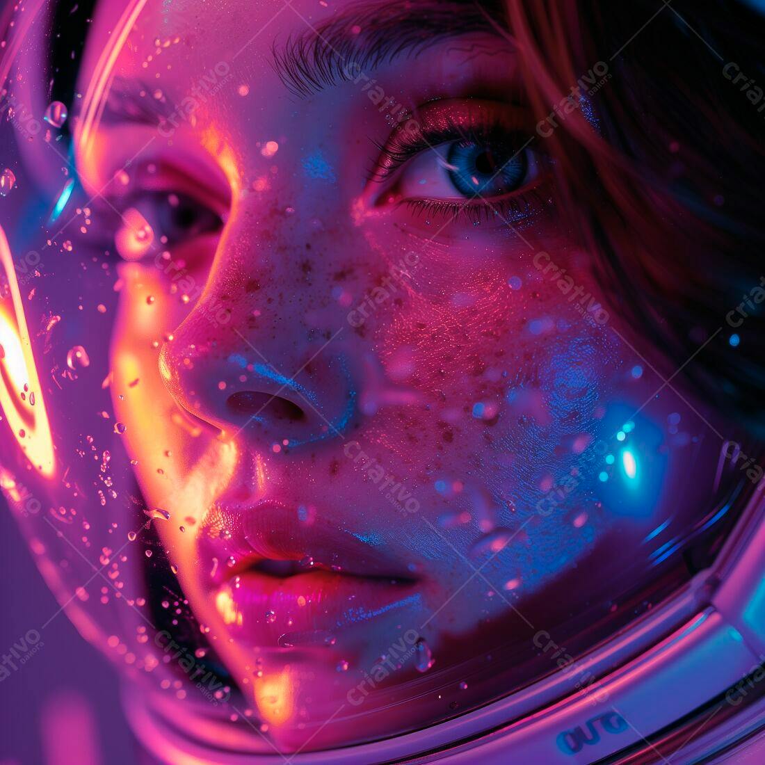 Rosto feminino em capacete espacial com iluminação neon