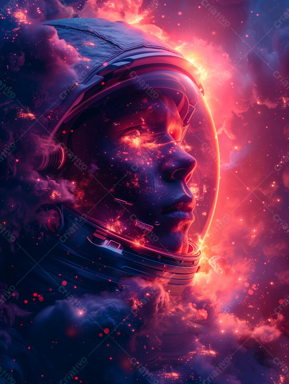 Astronauta em névoa espacial vermelha e azul