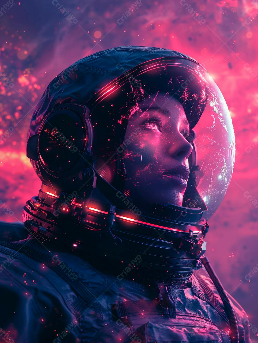 Astronauta mulher em espaço rosa e roxo