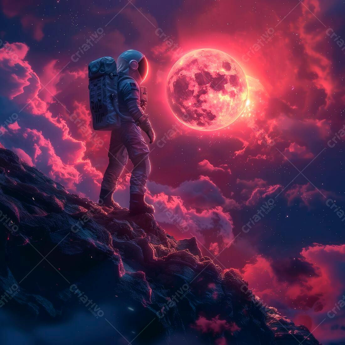 Astronauta contemplando lua vermelha em paisagem rochosa