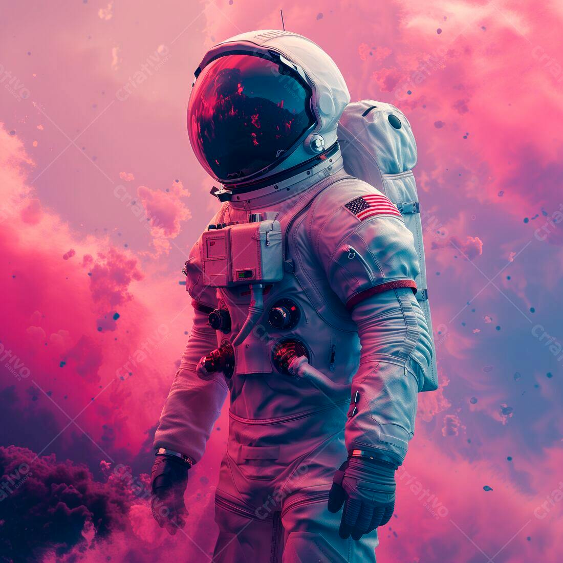 Astronauta em traje espacial contra fundo rosa