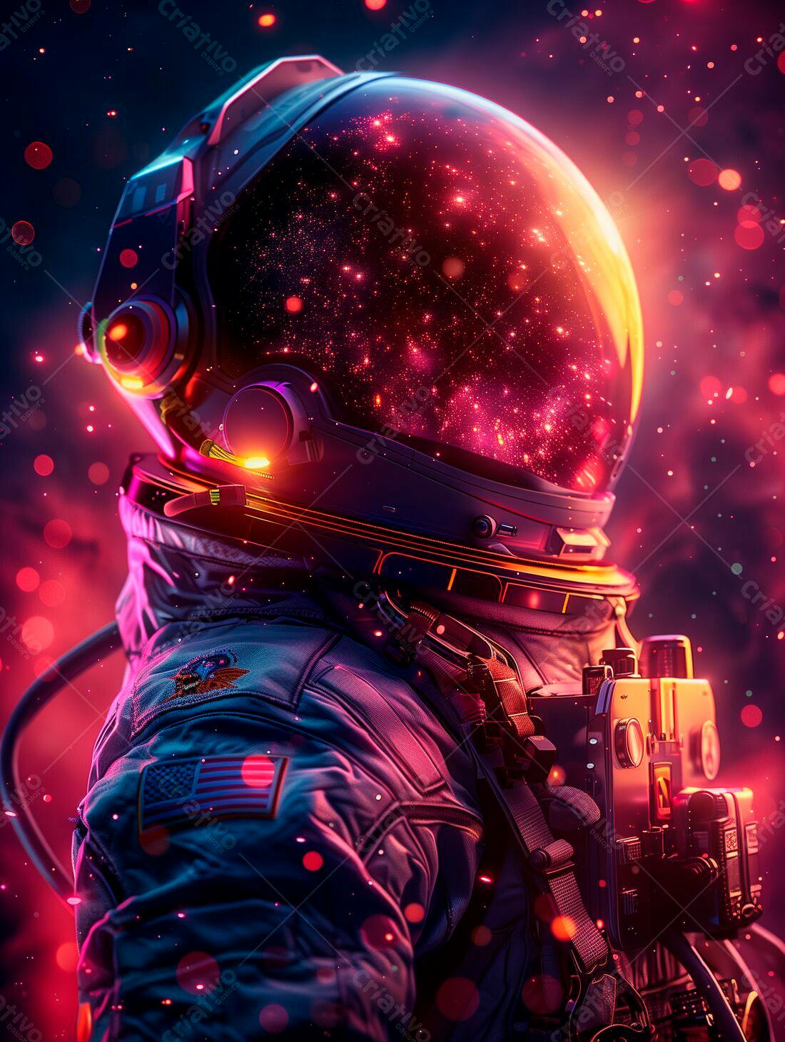 Astronauta em traje espacial com reflexo de galáxia