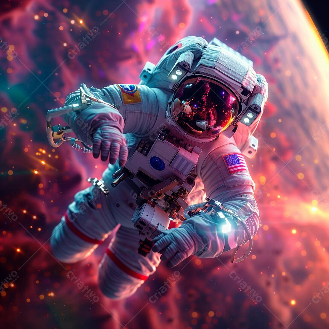 Astronauta flutuando no espaço cores vibrantes