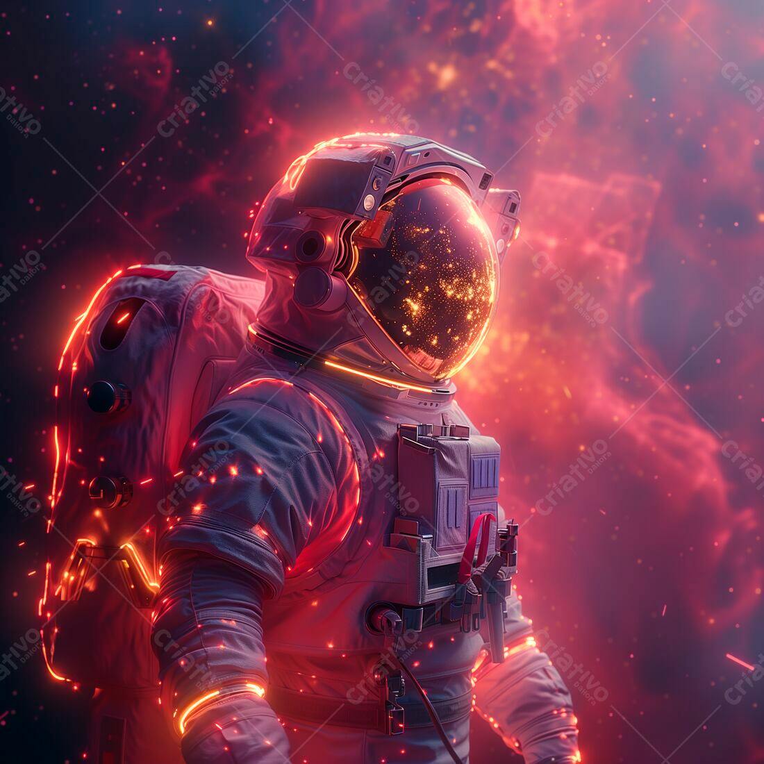 Astronauta em névoa espacial vermelha