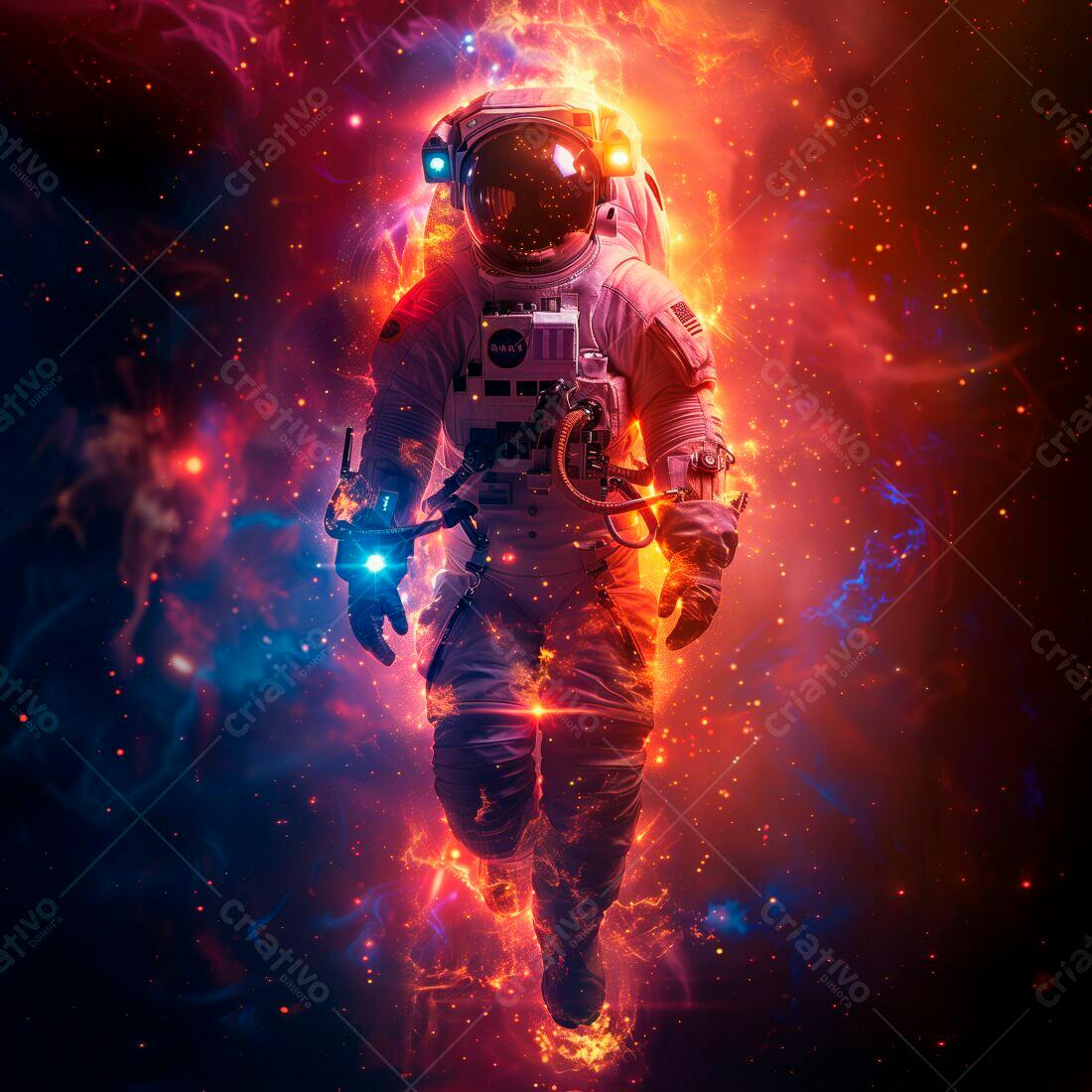 Astronauta em traje espacial em cenário espacial vermelho e azul