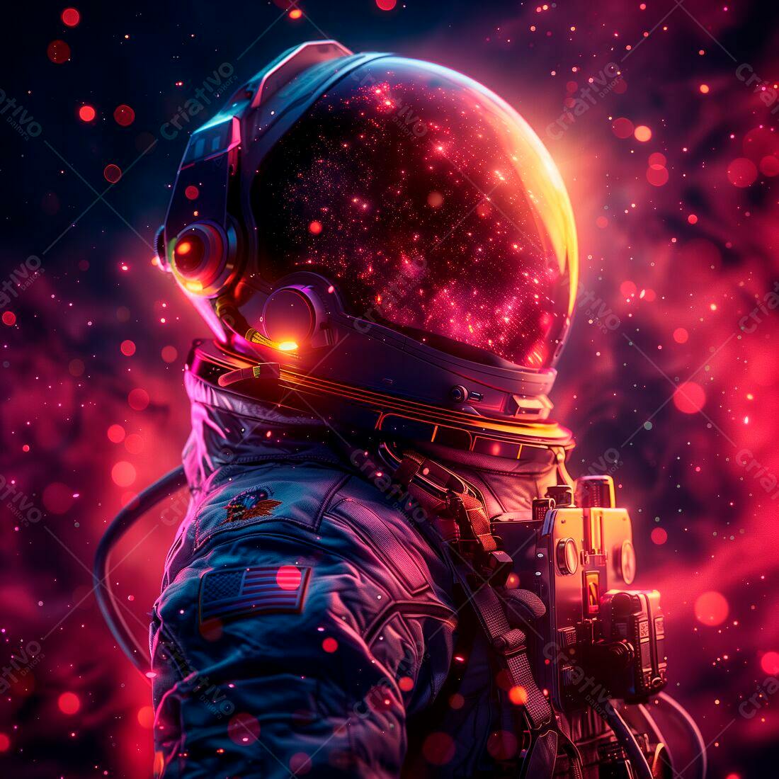 Astronauta em traje espacial com reflexo de galáxia