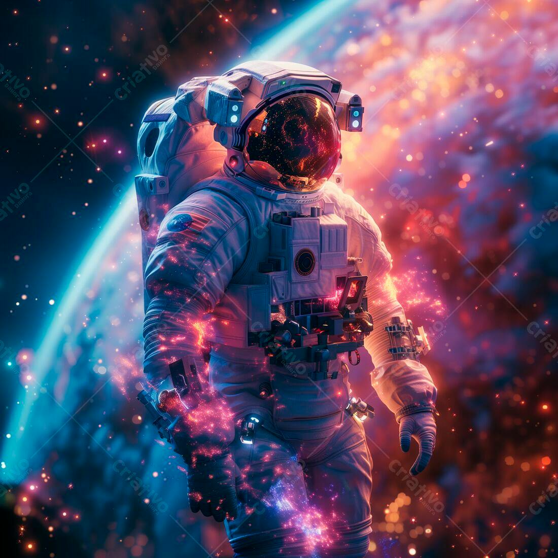 Astronauta em traje espacial com efeitos de luz cósmica