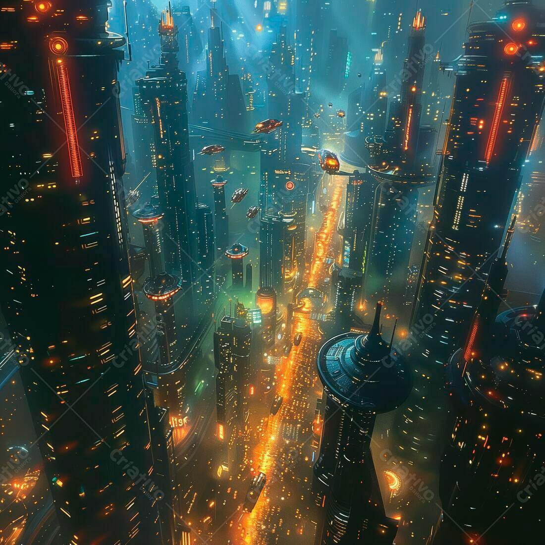 Cidade futurista noturna com veículos voadores