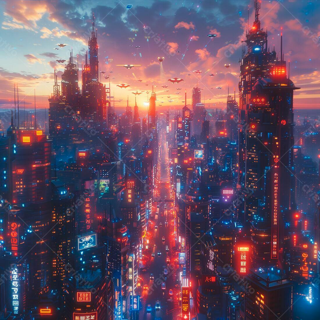 Metrópole futurista ao pôr do sol