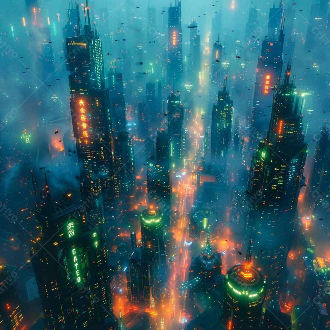 Metrópole futurista noturna luzes neon verde laranja
