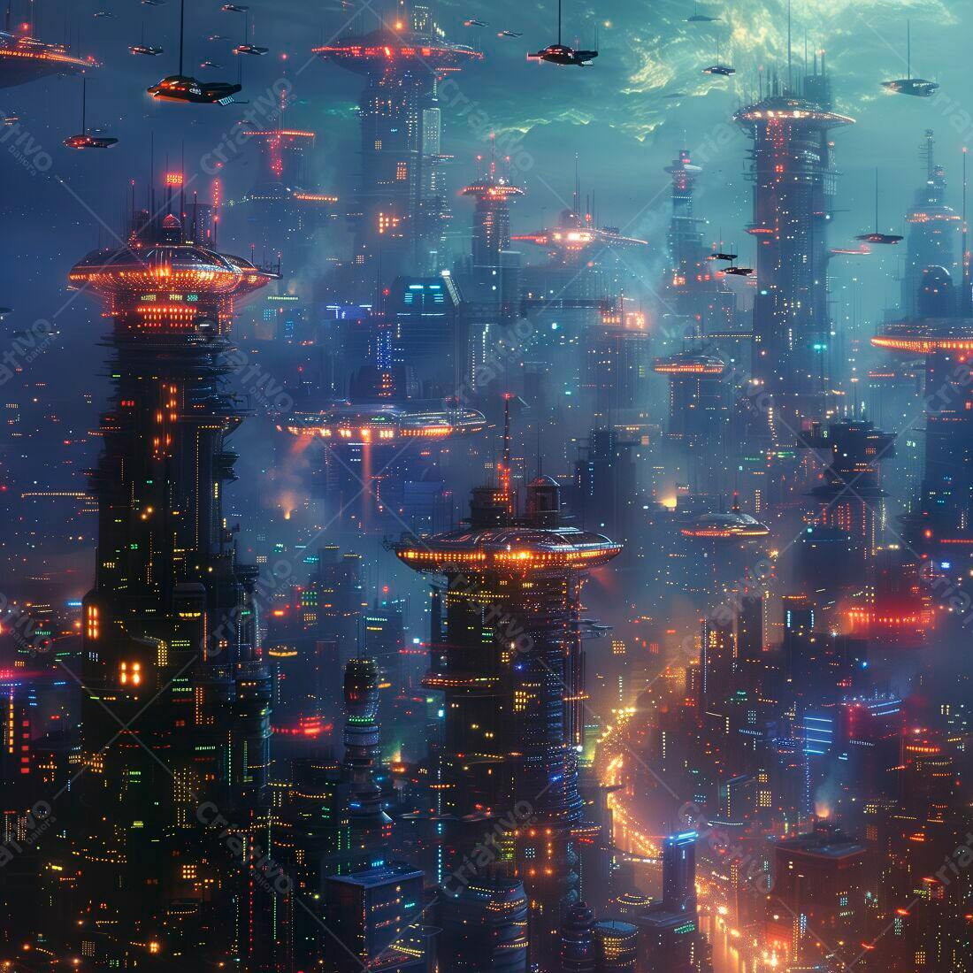 Metrópole futurista noturna com naves aéreas