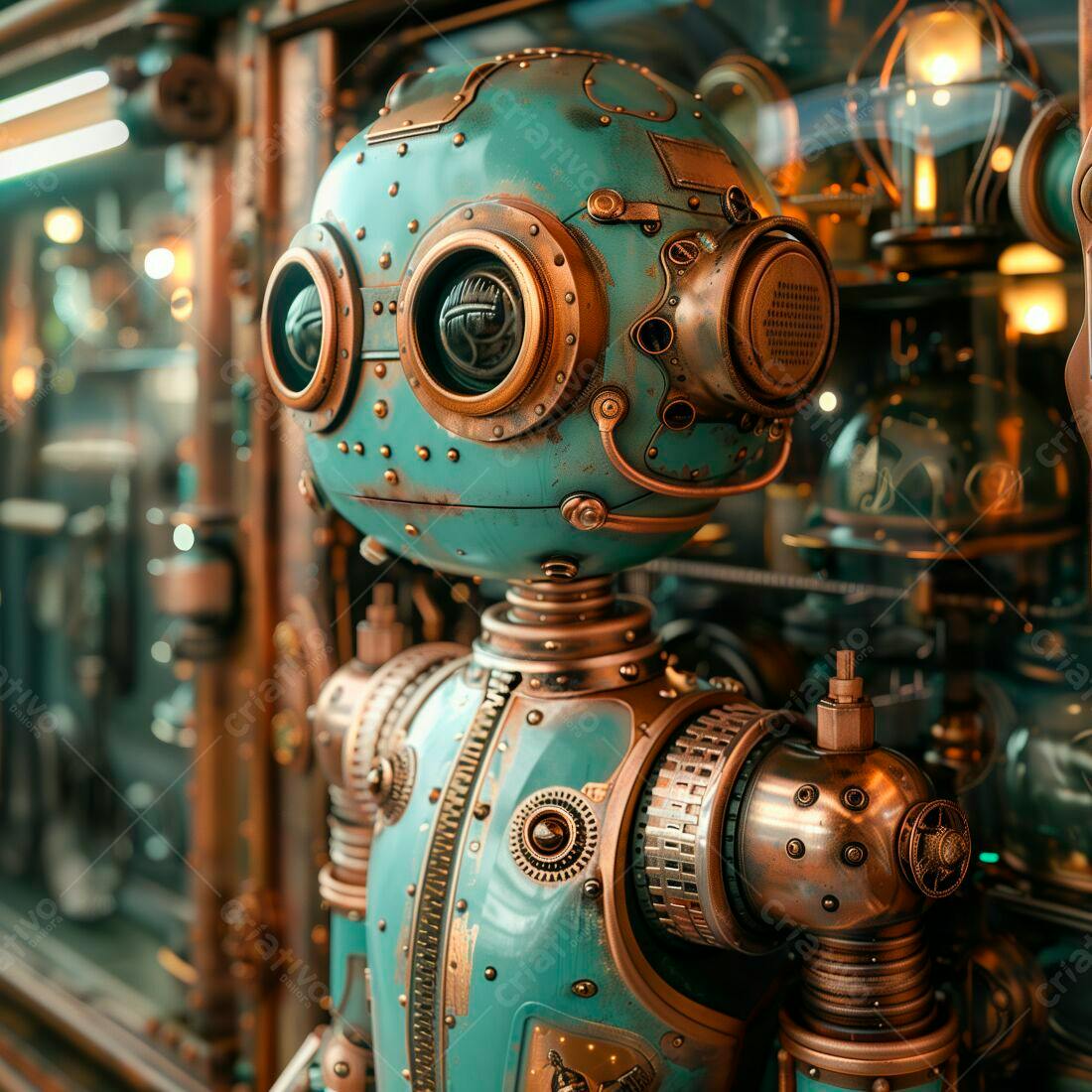 Robô steampunk turquesa e cobre