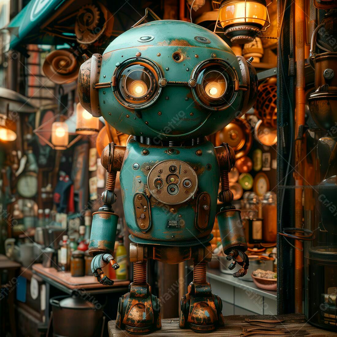 Robô vintage azul e dourado em loja steampunk