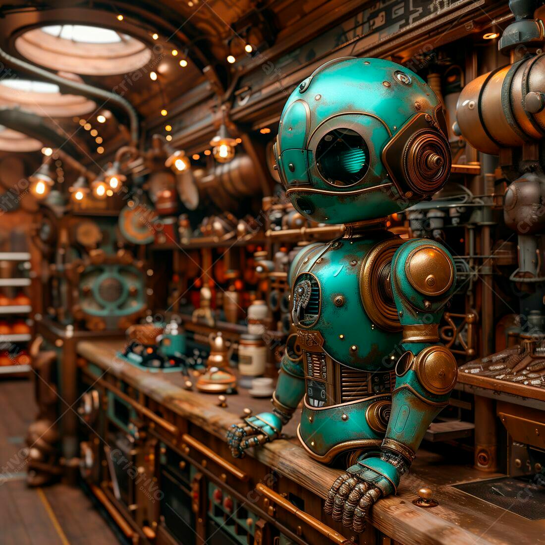 Robô retrô em balcão de bar steampunk
