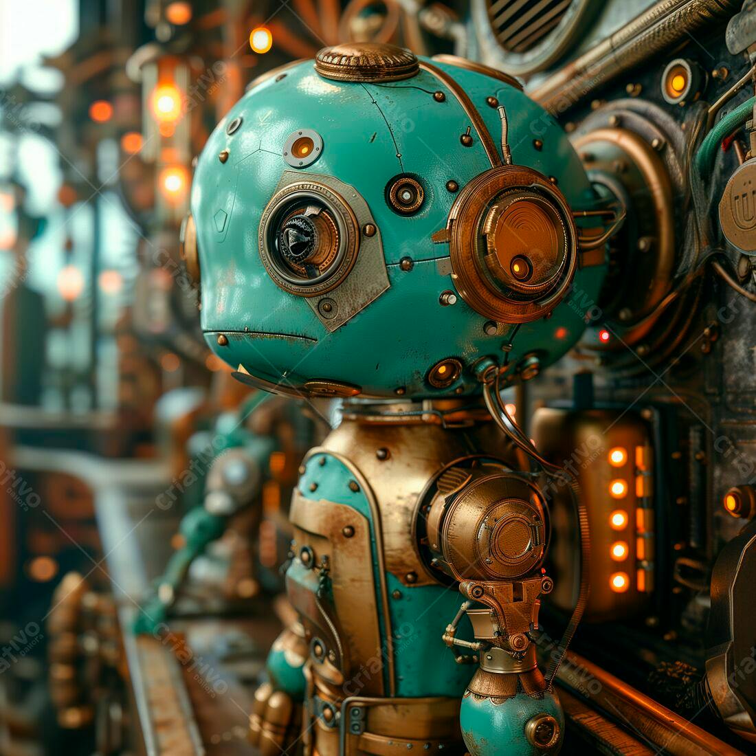 Robô retrô turquesa e dourado em cenário steampunk