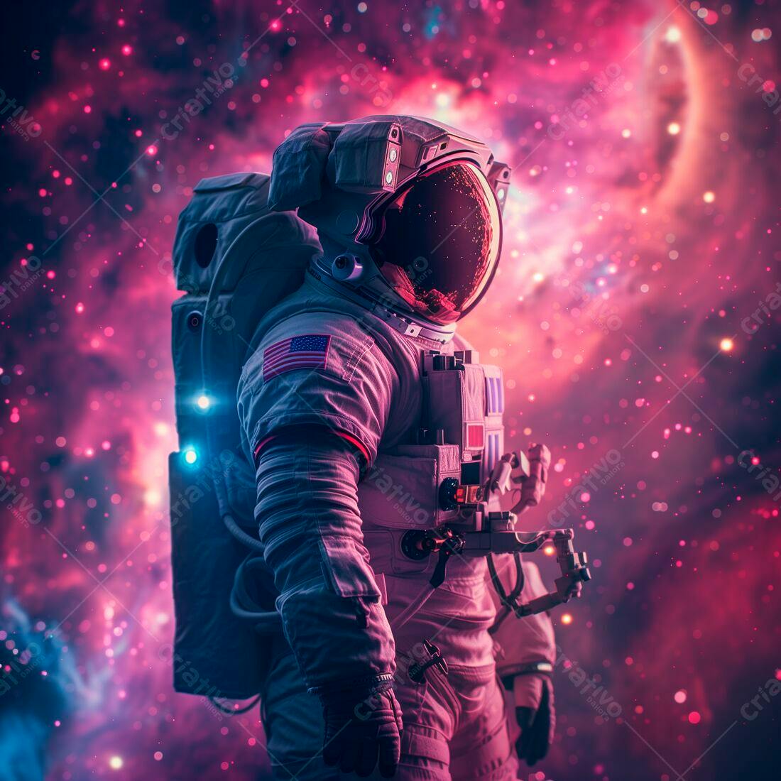 Astronauta no espaço rosa e roxo