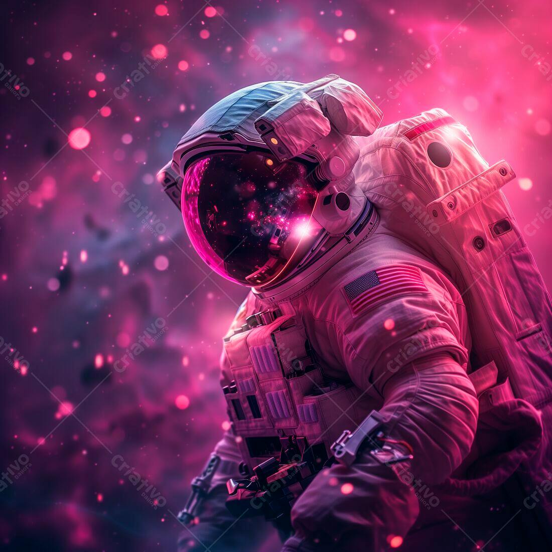Astronauta em traje espacial rosa e roxo no espaço