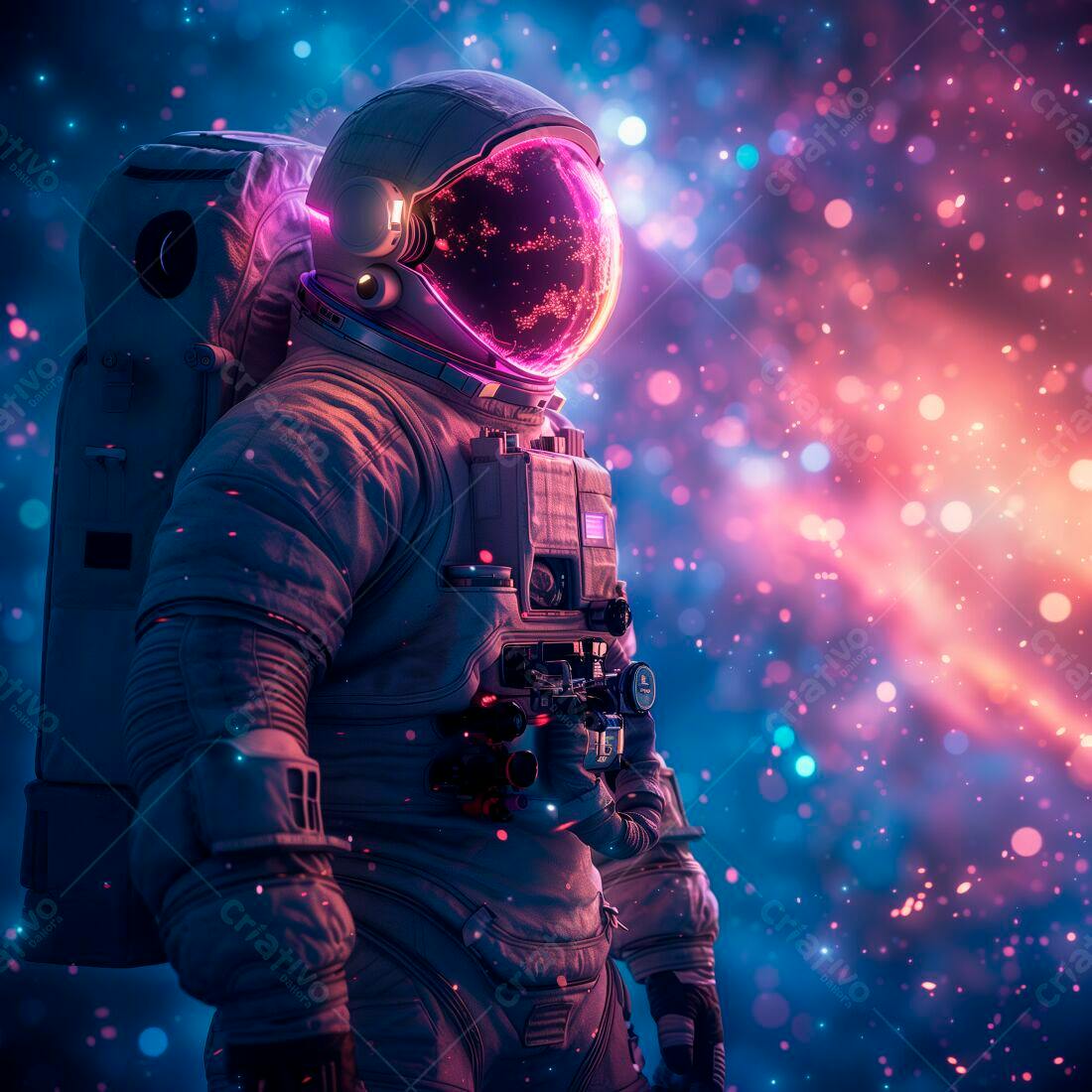 Astronauta em traje espacial com fundo rosa e azul