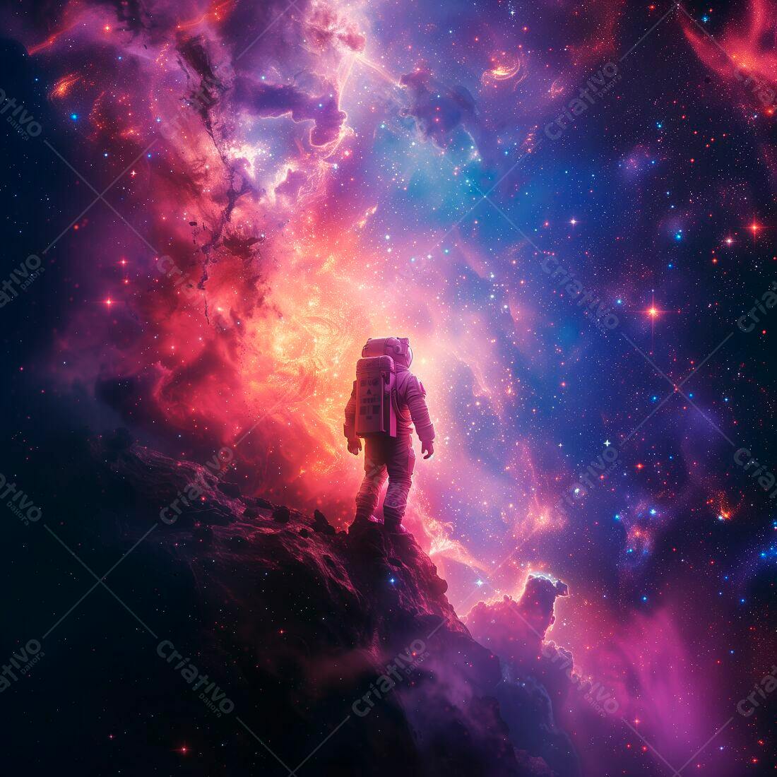 Astronauta em planeta rochoso admirando nebulosa