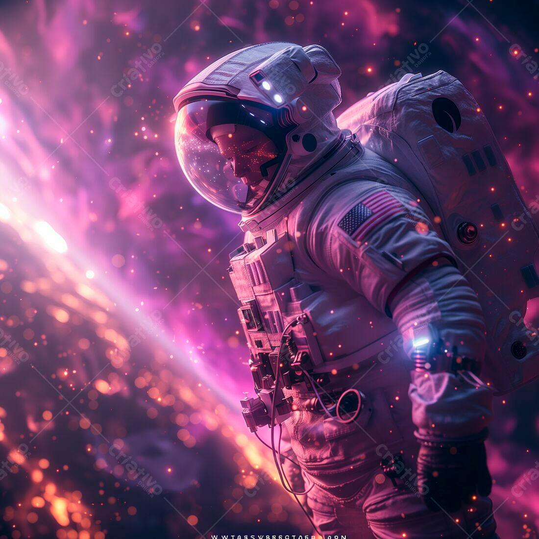 Astronauta em traje espacial em cenário cósmico