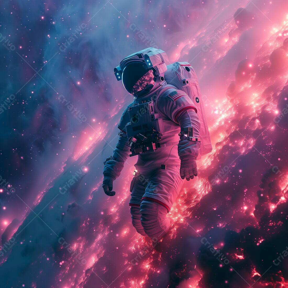 Astronauta em nebulosa rosa e azul