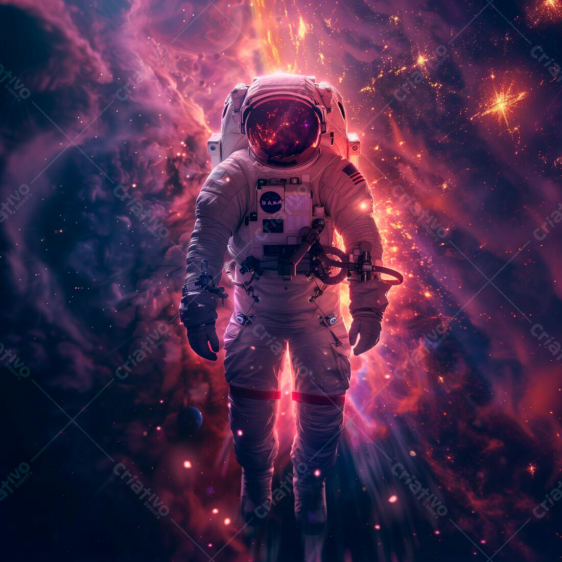 Astronauta em nebulosa espacial roxa e vermelha