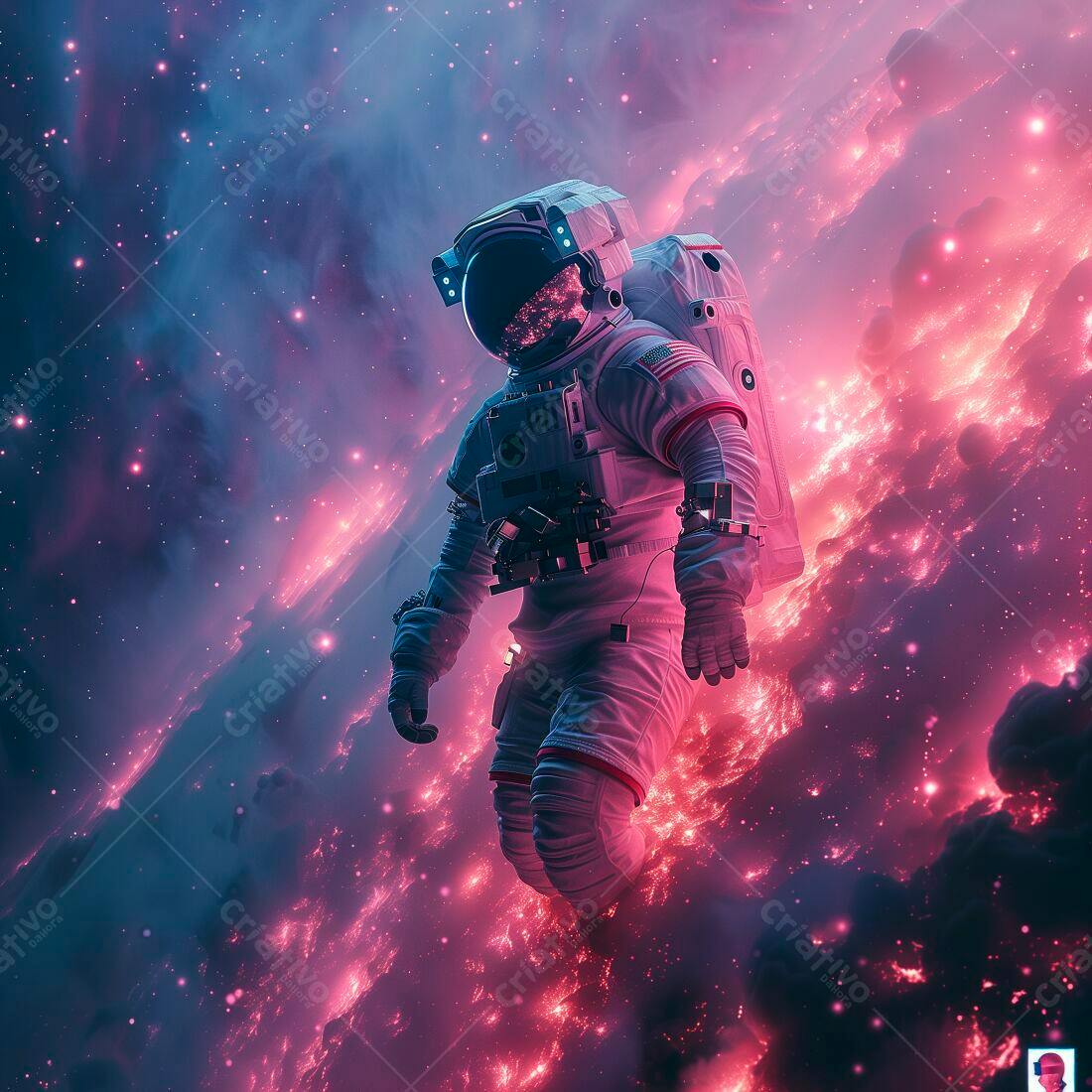 Astronauta em nebulosa rosa e vermelha