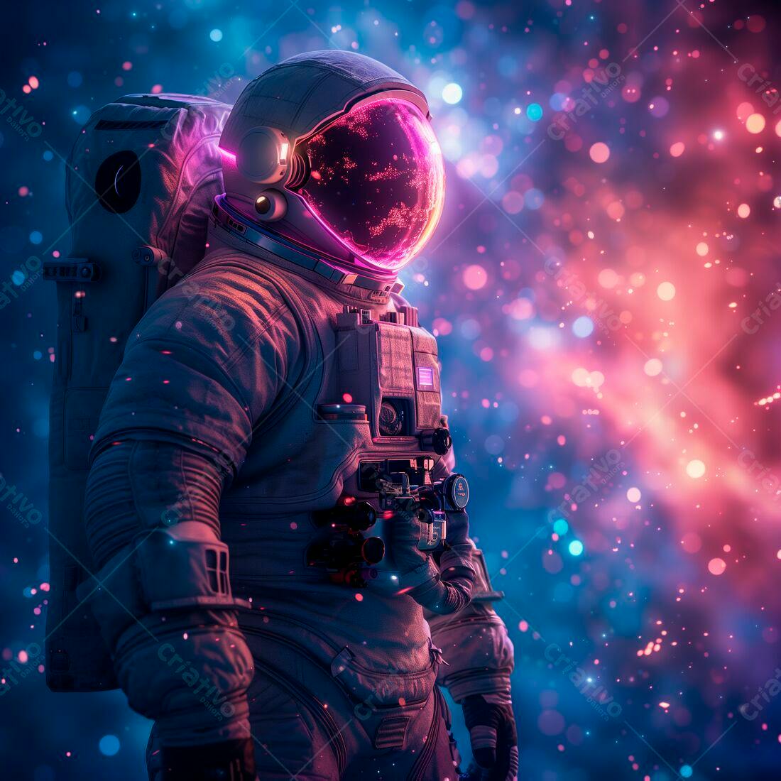 Astronauta em traje espacial com fundo rosa e azul