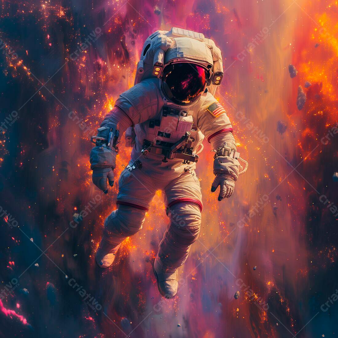 Astronauta em Nebulosa Vermelha e Laranja