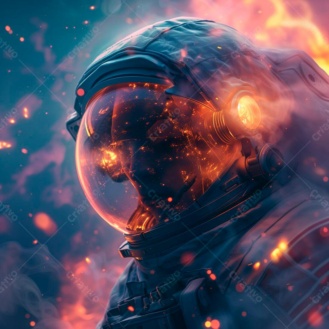 Astronauta em chamas com reflexo cósmico