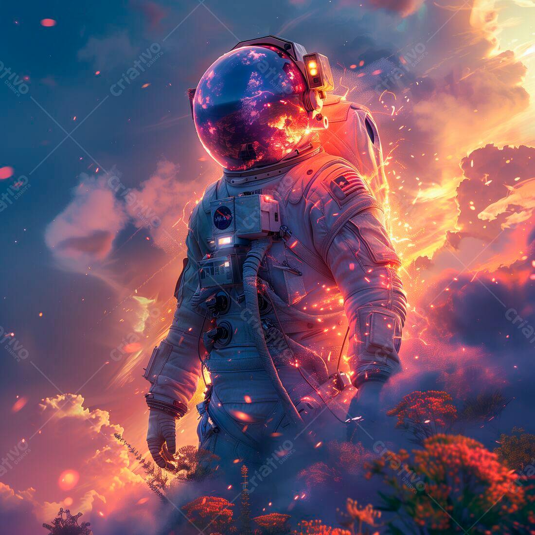 Astronauta em chamas sobre paisagem crepuscular