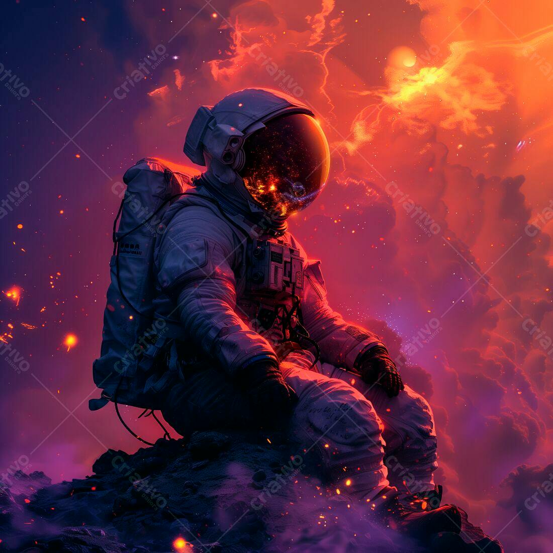 Astronauta contemplando paisagem espacial avermelhada