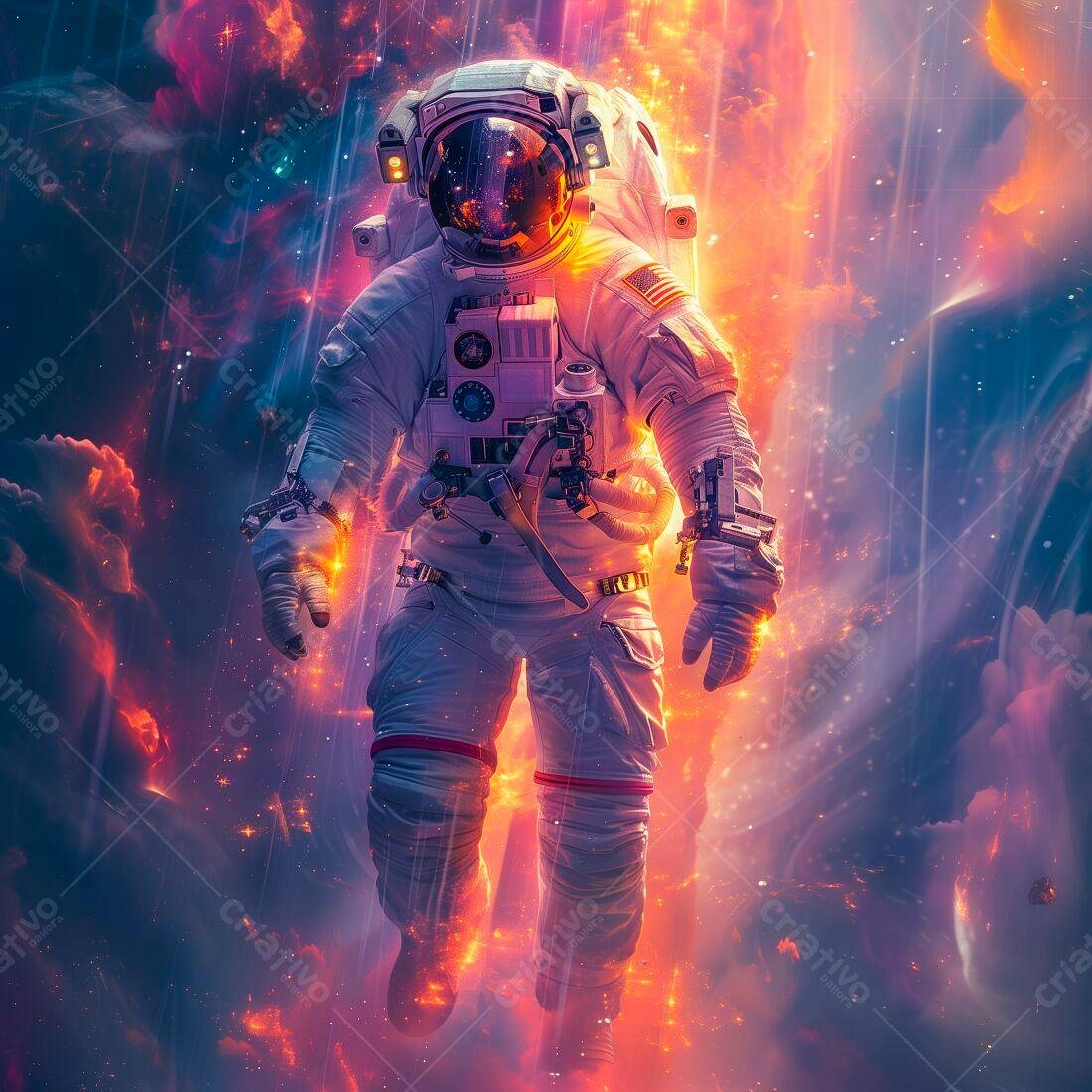 Astronauta em cenário espacial com tons laranja e roxo