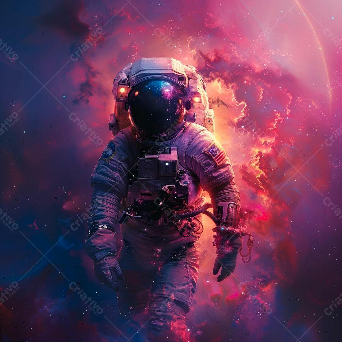 Astronauta em nebulosa rosa e vermelha