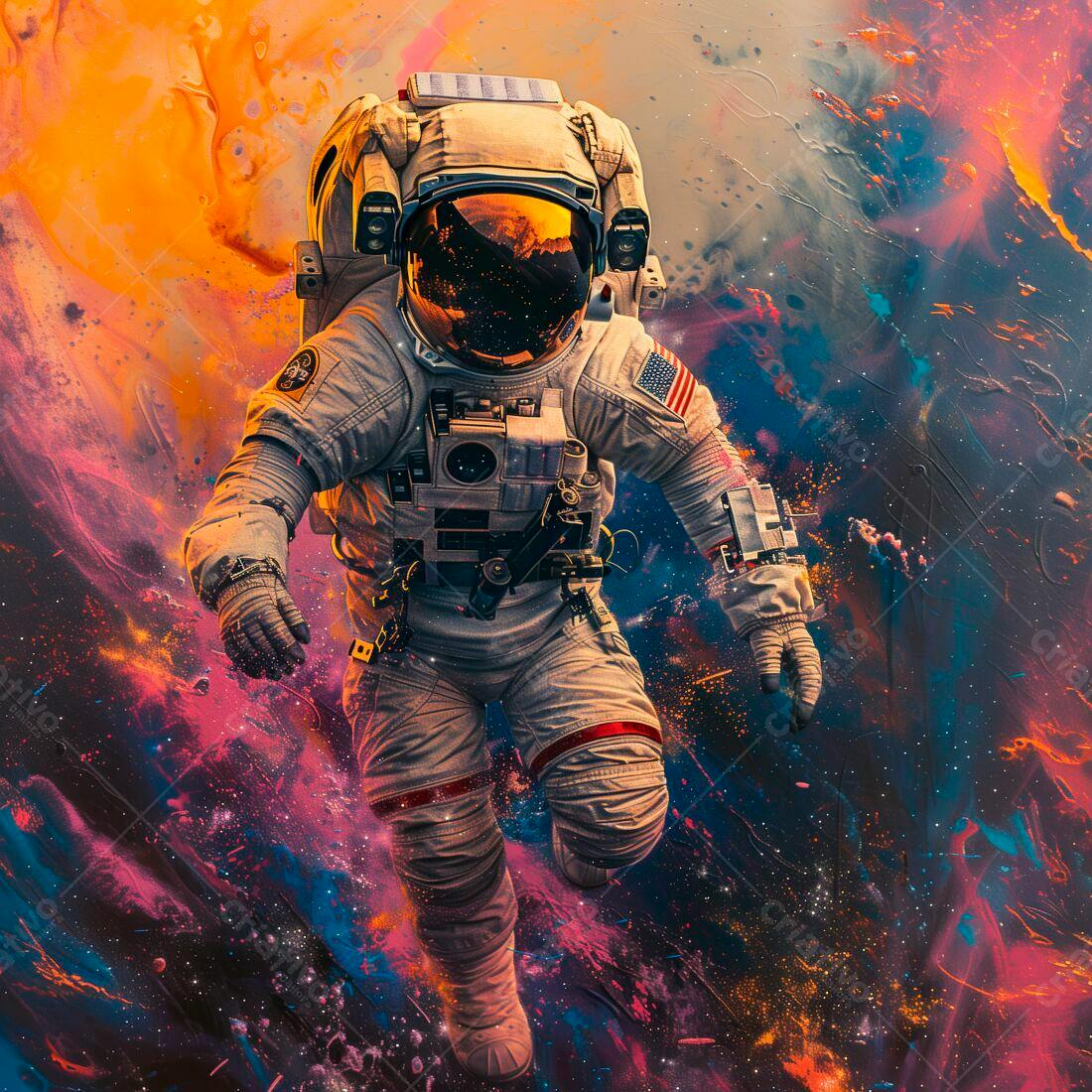 Astronauta em traje espacial em fundo cósmico vibrante