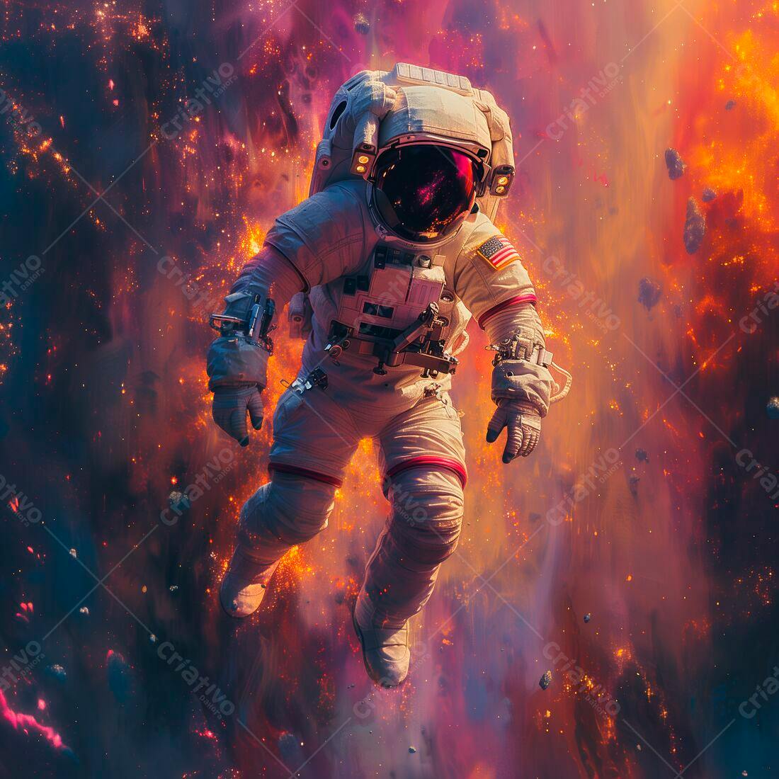 Astronauta flutuando em nebulosa espacial