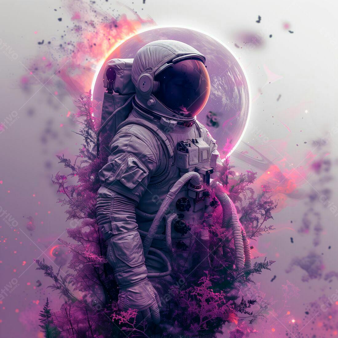 Astronauta em floresta rosa espacial