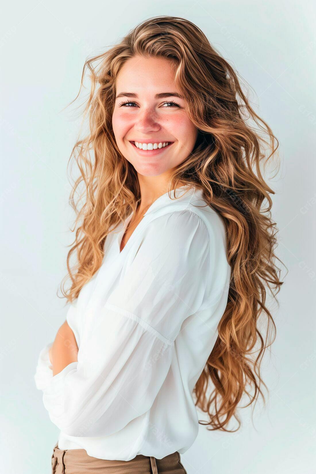 Mulher sorridente cabelo longo blusa branca