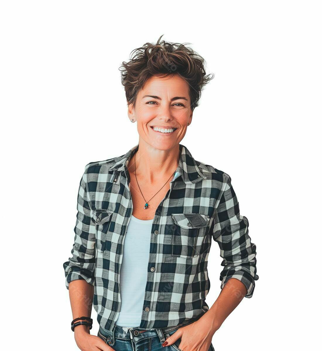 Mulher sorrindo camisa xadrez fundo branco