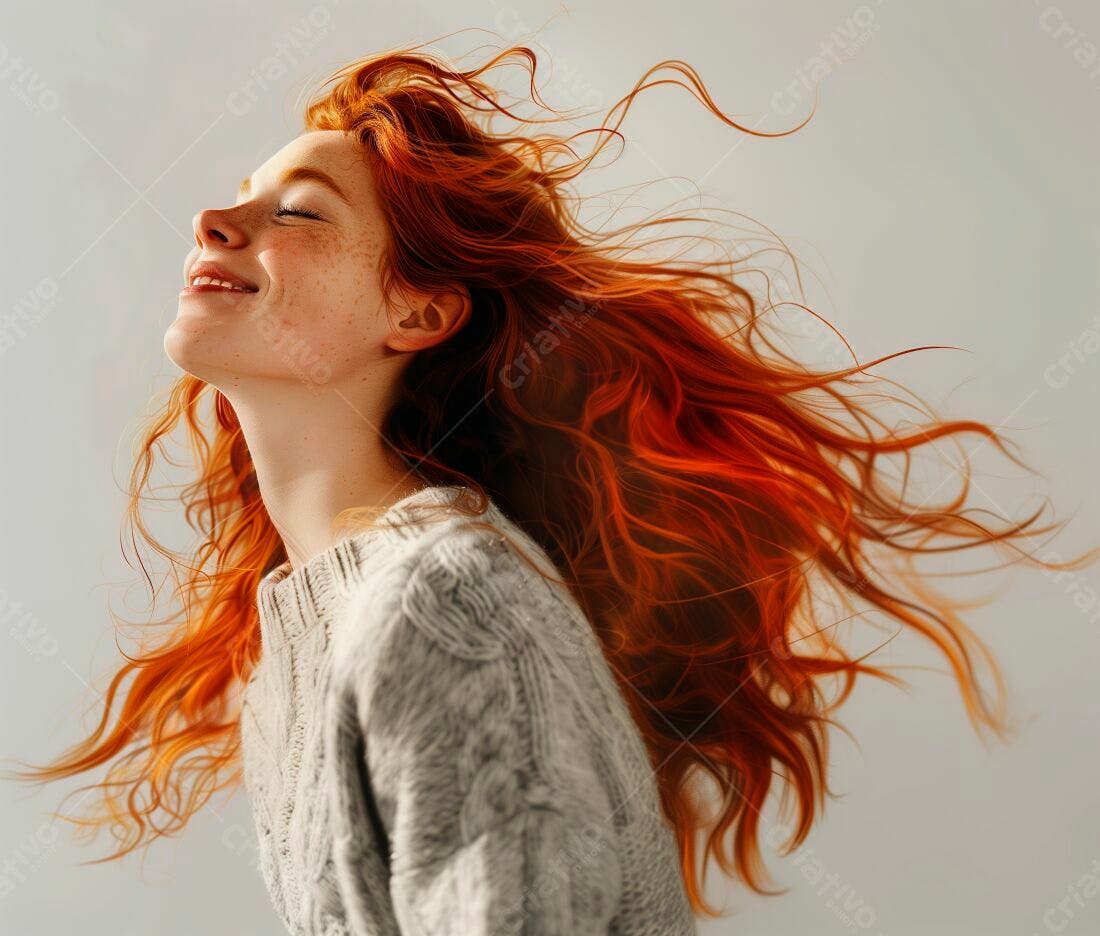 Mulher ruiva cabelos ao vento sorrindo