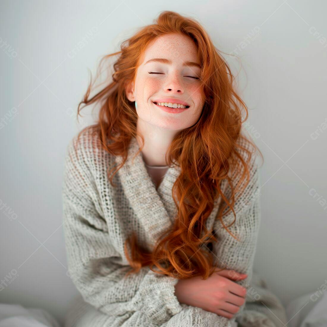 Mulher ruiva feliz em casaco cinza