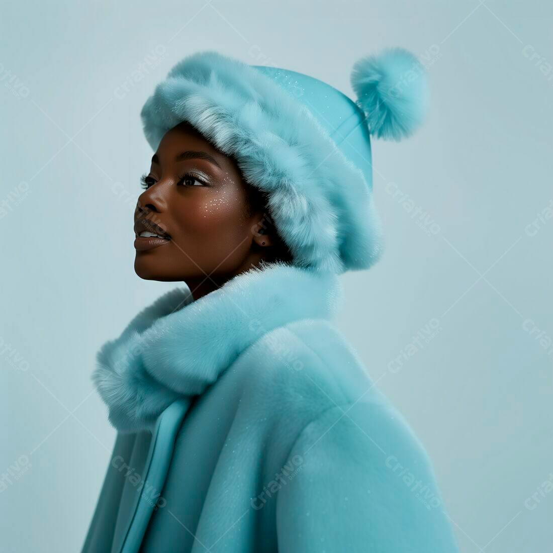 Modelo negra usando casaco e gorro azul claro
