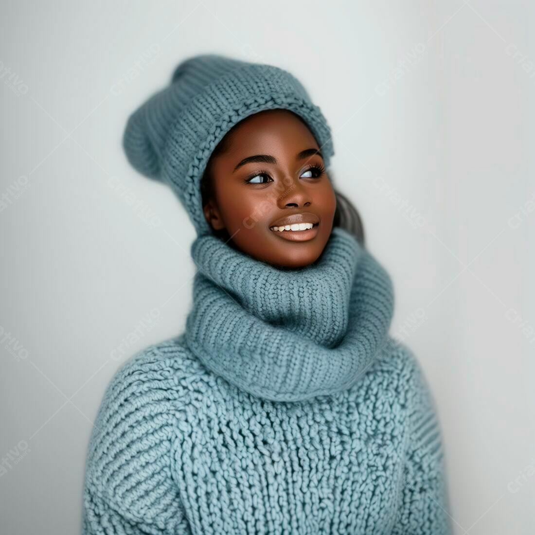 Modelo negra sorrindo com gorro e suéter azul