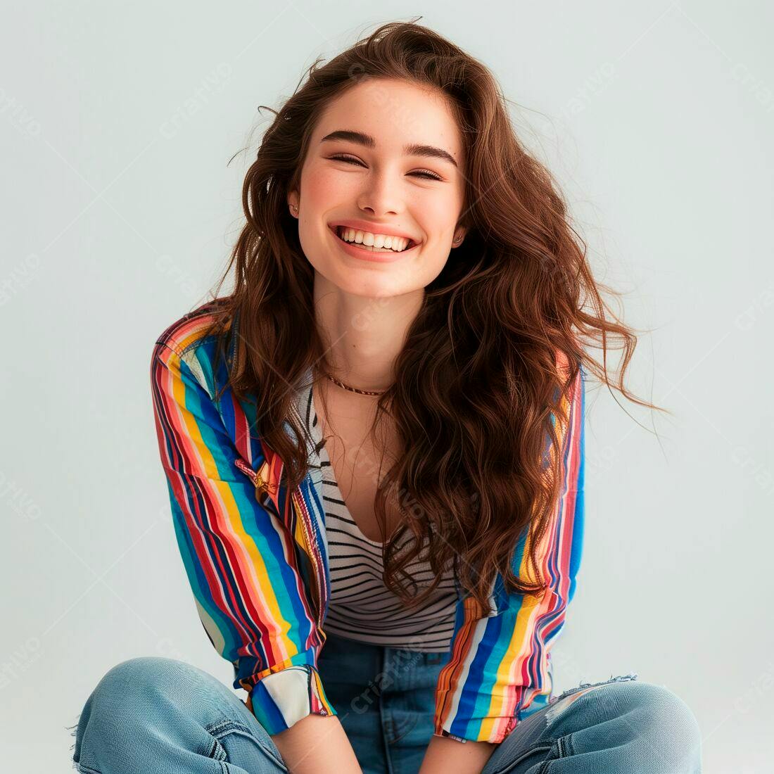 Mulher jovem sorridente com camisa colorida