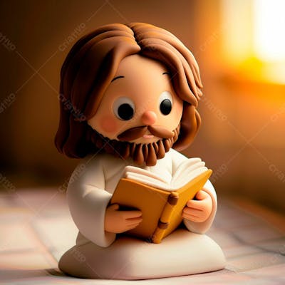  3D De Jesus Cristo Em Estilo Cartoon, Vestindo Um Manto Branco, Segurando Um Livro 3