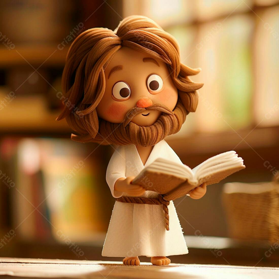Jesus em estilo Cartoon lendo livro antigo