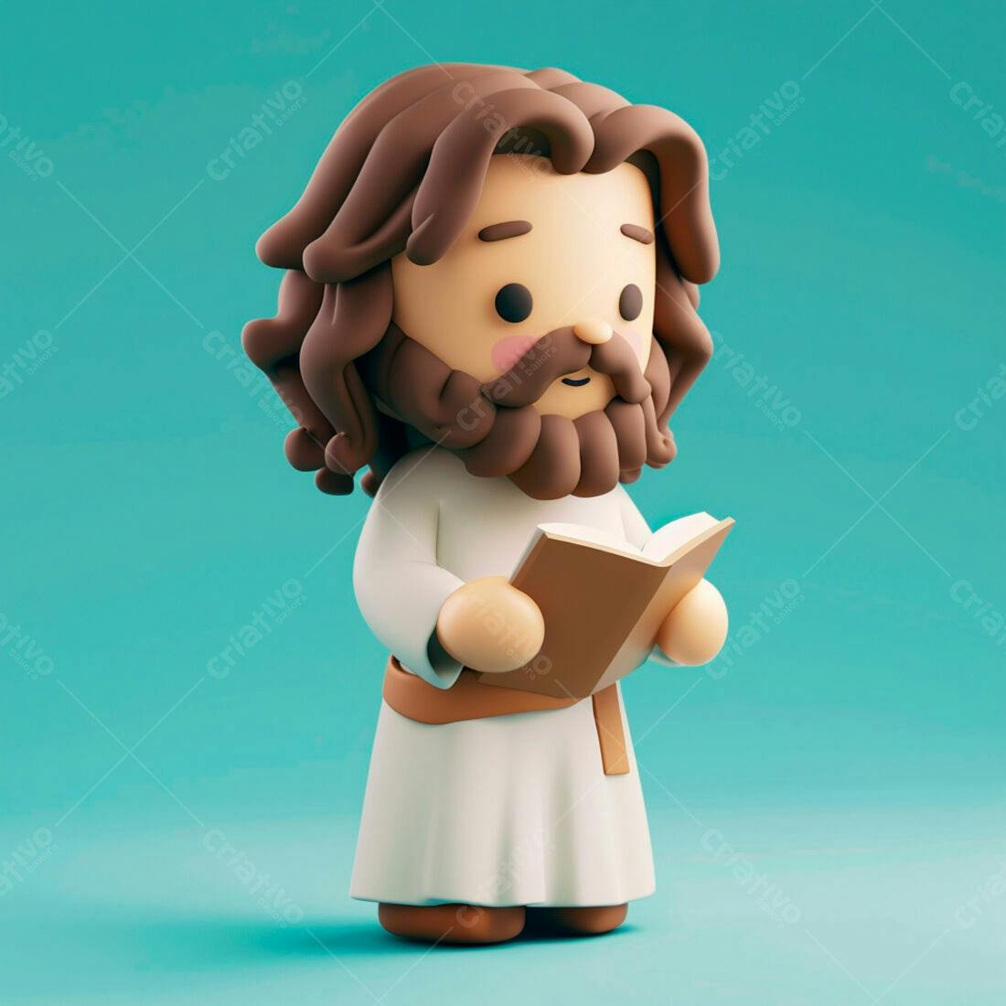 Jesus 3D lendo livro fundo azul