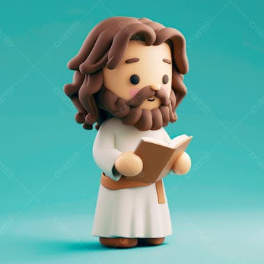 3d de jesus cristo em estilo cartoon, vestindo um manto branco, segurando um livro 15