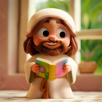 3d de jesus cristo em estilo cartoon, vestindo um manto branco, segurando um livro 21