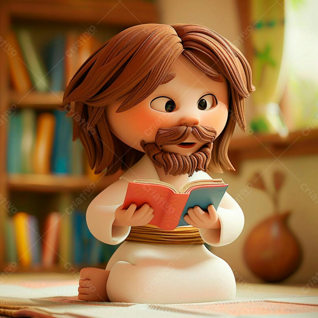Jesus Criança Lendo Livro em Biblioteca